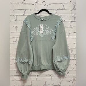 Topshop Copenhagen Women's Sage Green Round Neck Puff Sleeve Lace Trim Sweat
